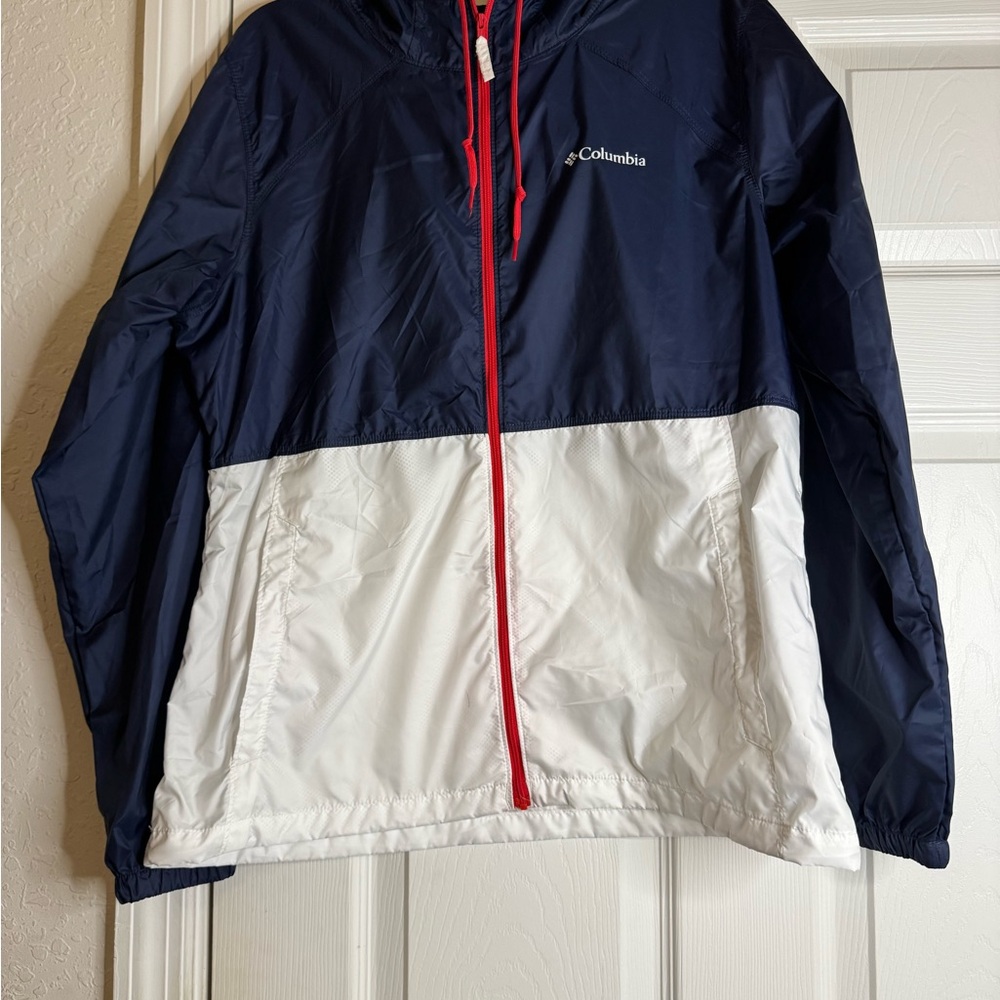 Columbia Navy, White and Red Colorblock Hooded Windbreaker